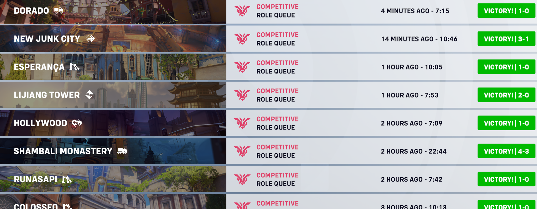 Match history showing consecutive competitive wins